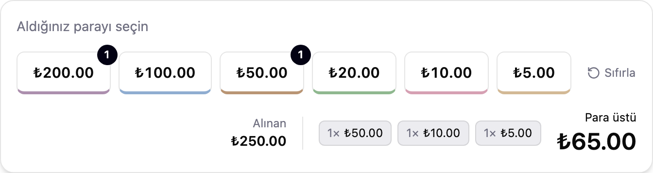 posi para üstü hesaplayıcı — banknot sayacı, alınan tutar ve para üstü dökümü