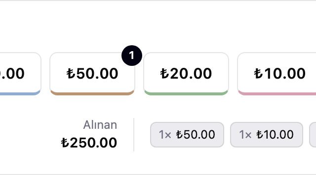 posi para üstü hesaplayıcı — banknot sayacı, alınan tutar ve para üstü dökümü