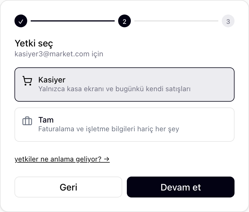 posi davet akışı — kasiyer veya tam yetki seçimi
