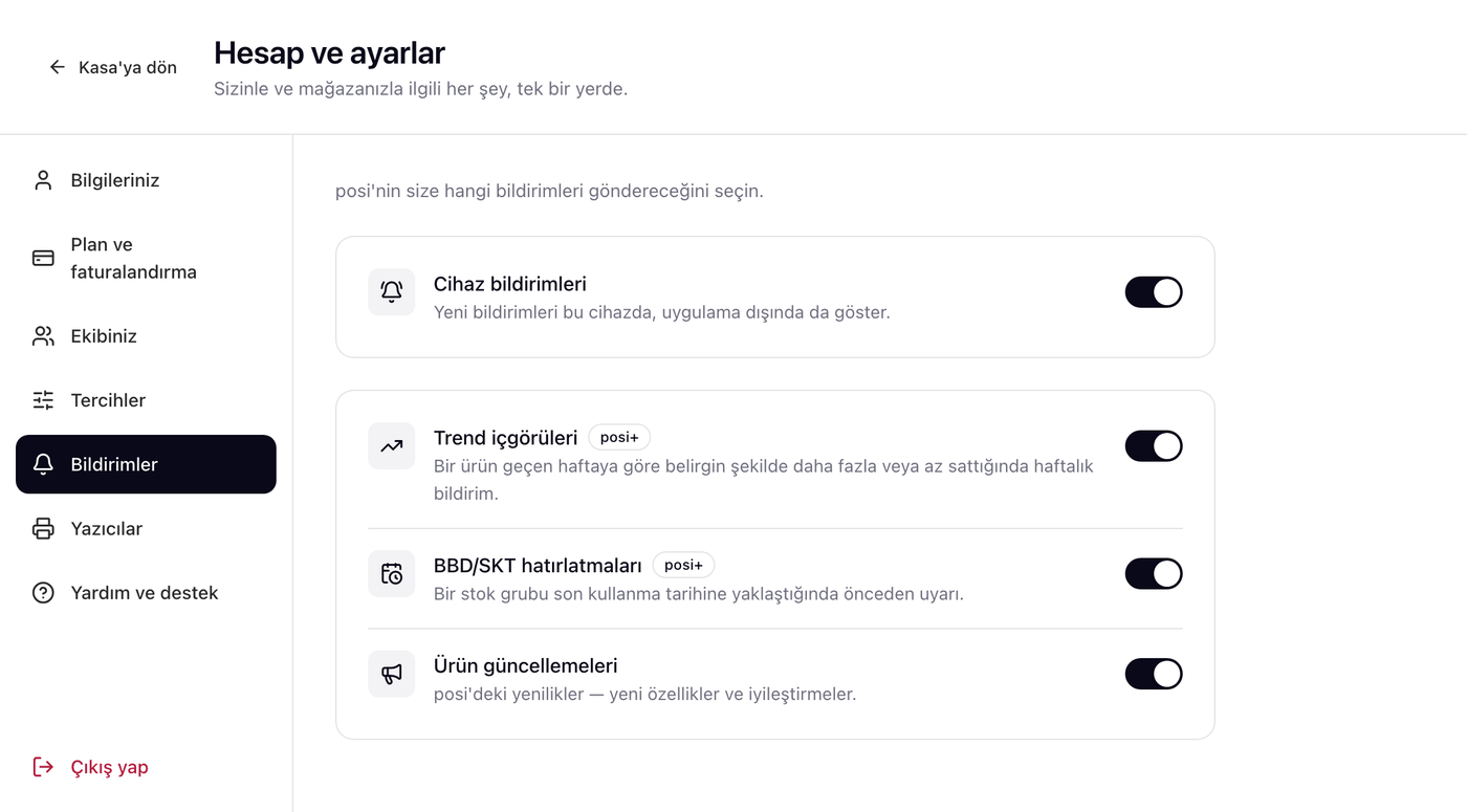 posi Ayarlar > Bildirimler ekranı — cihaz bildirimleri anahtarı, trend içgörüleri, BBD/SKT hatırlatmaları ve ürün güncellemeleri