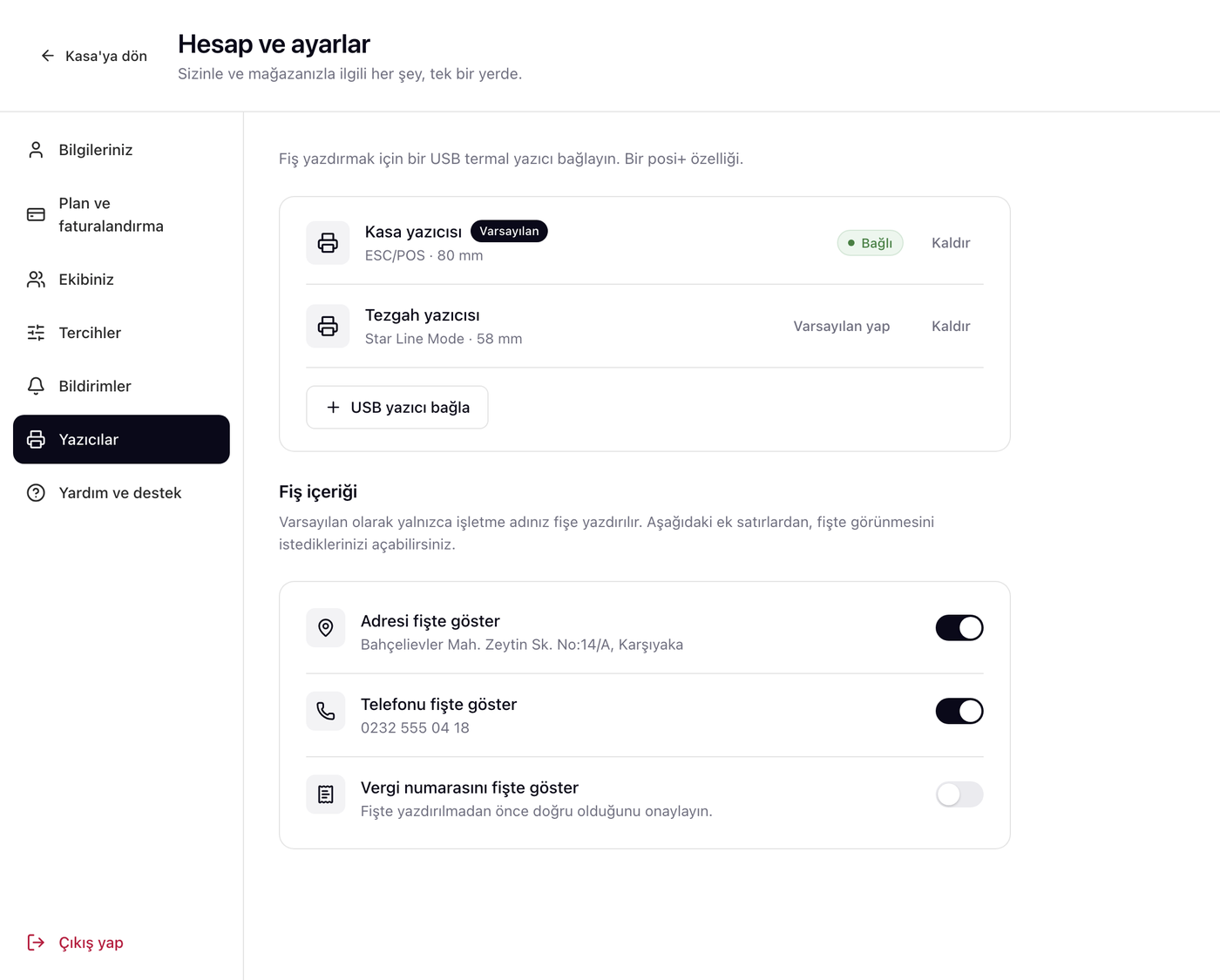 posi Ayarlar > Yazıcılar ekranı — bağlı USB termal yazıcılar, varsayılan yazıcı ve fiş içeriği anahtarları